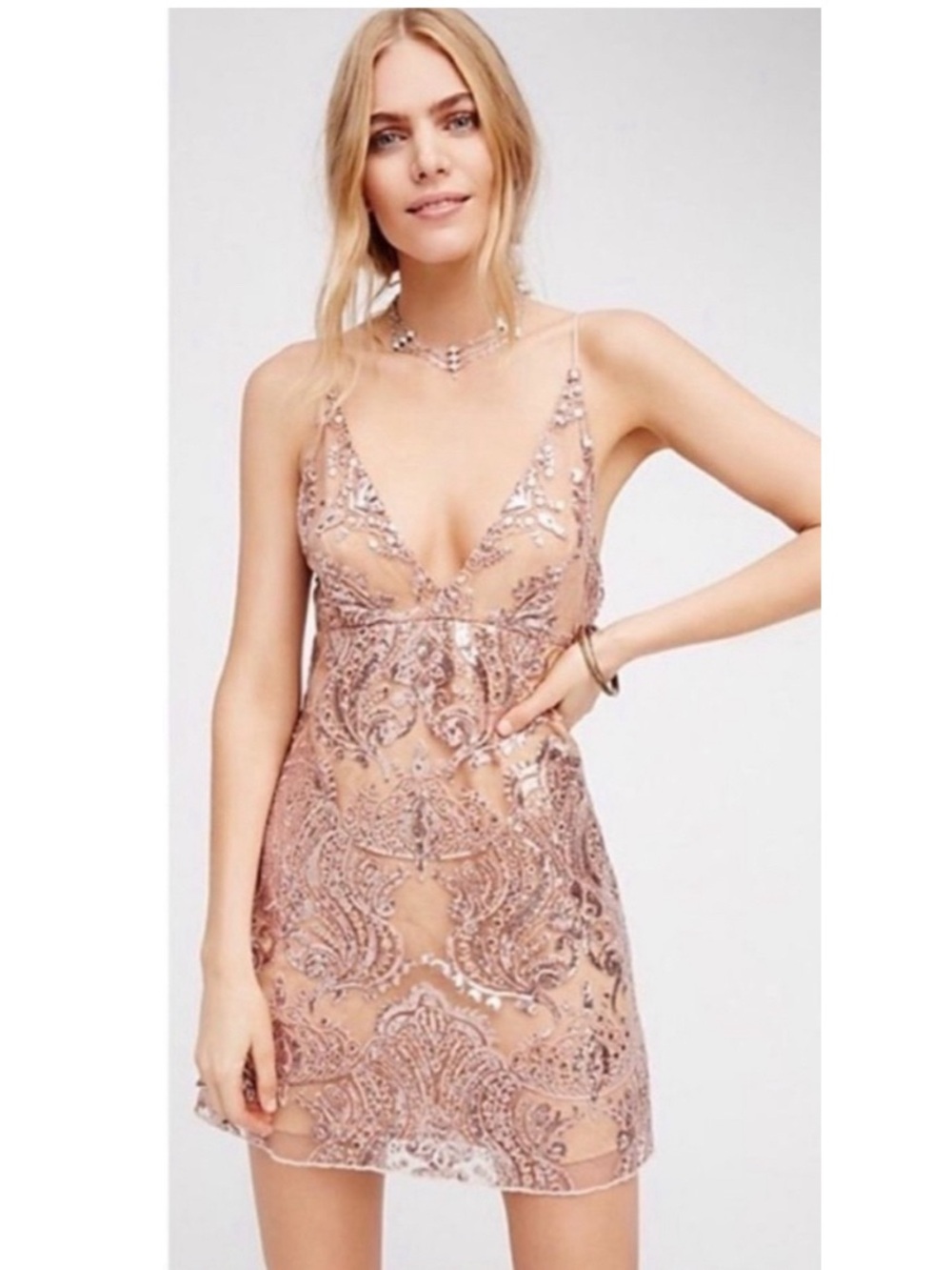 Free People Night Shimmers Sequin Nude Lace  Strappy V-Neck Mini Dress Size 6